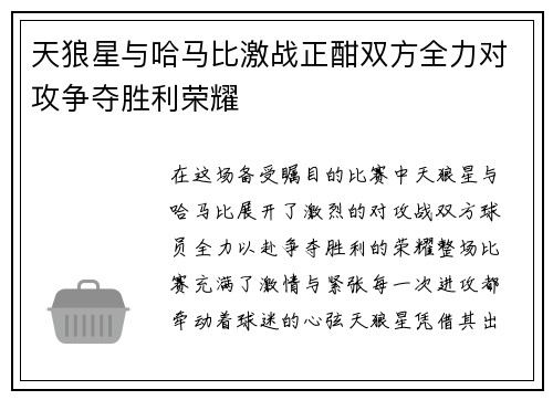 天狼星与哈马比激战正酣双方全力对攻争夺胜利荣耀